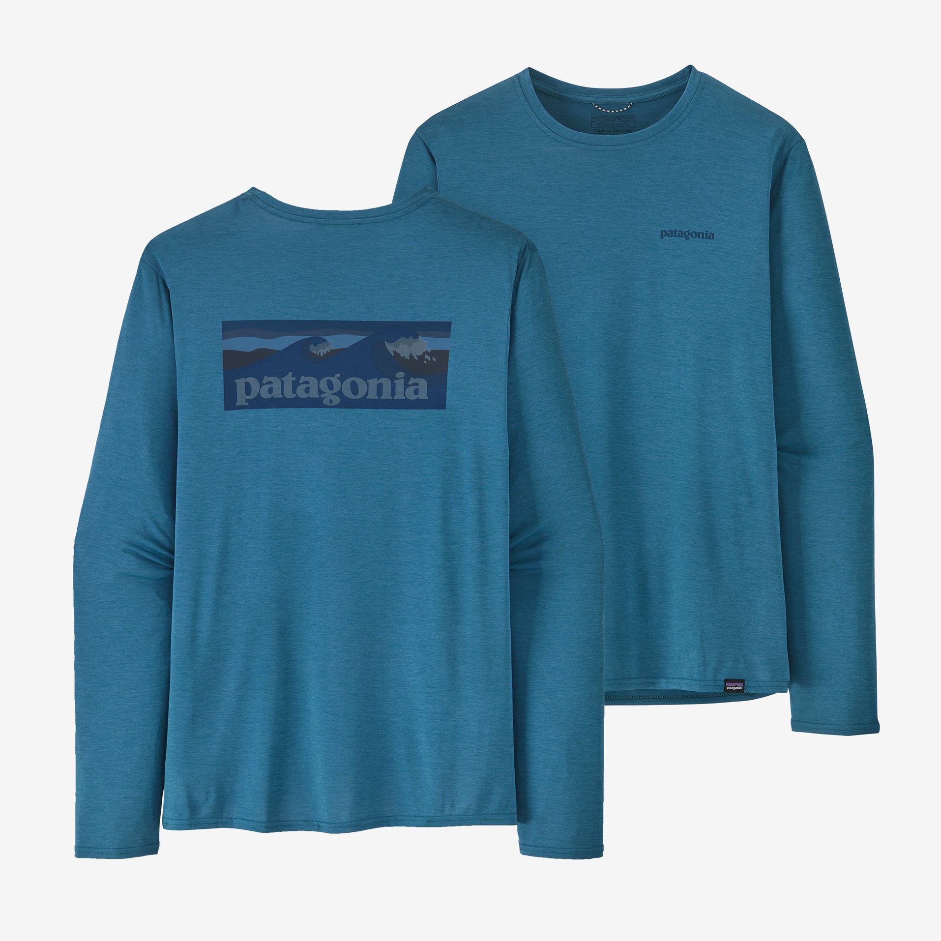 Patagonia M s Long Sleeved Capilene Cool Daily Shirt Waters Boardshort Logo Wavy Blue X Dye